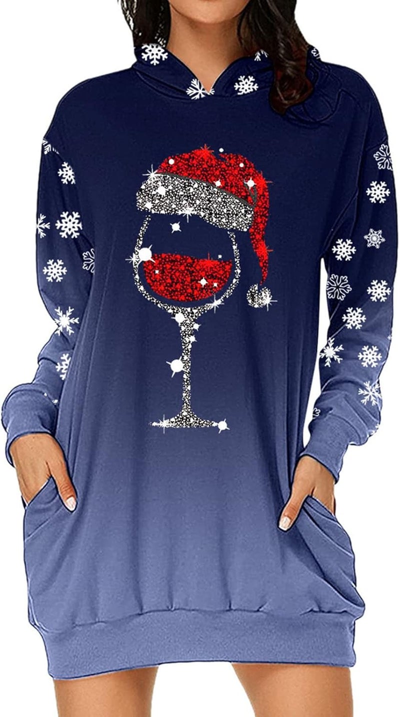 woobles Hoodie Dress, Womens Hoodie Dress Christmas Pattern Print Polyester Casual for Shopping - Image 5